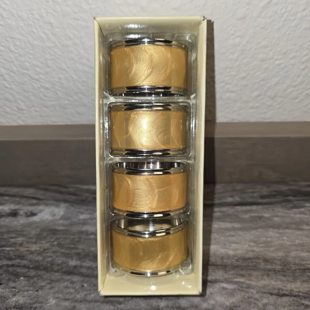 Lenox Gold Enamel Napkin Rings Set of 4 Silver Tone Trim NIB Table Decor